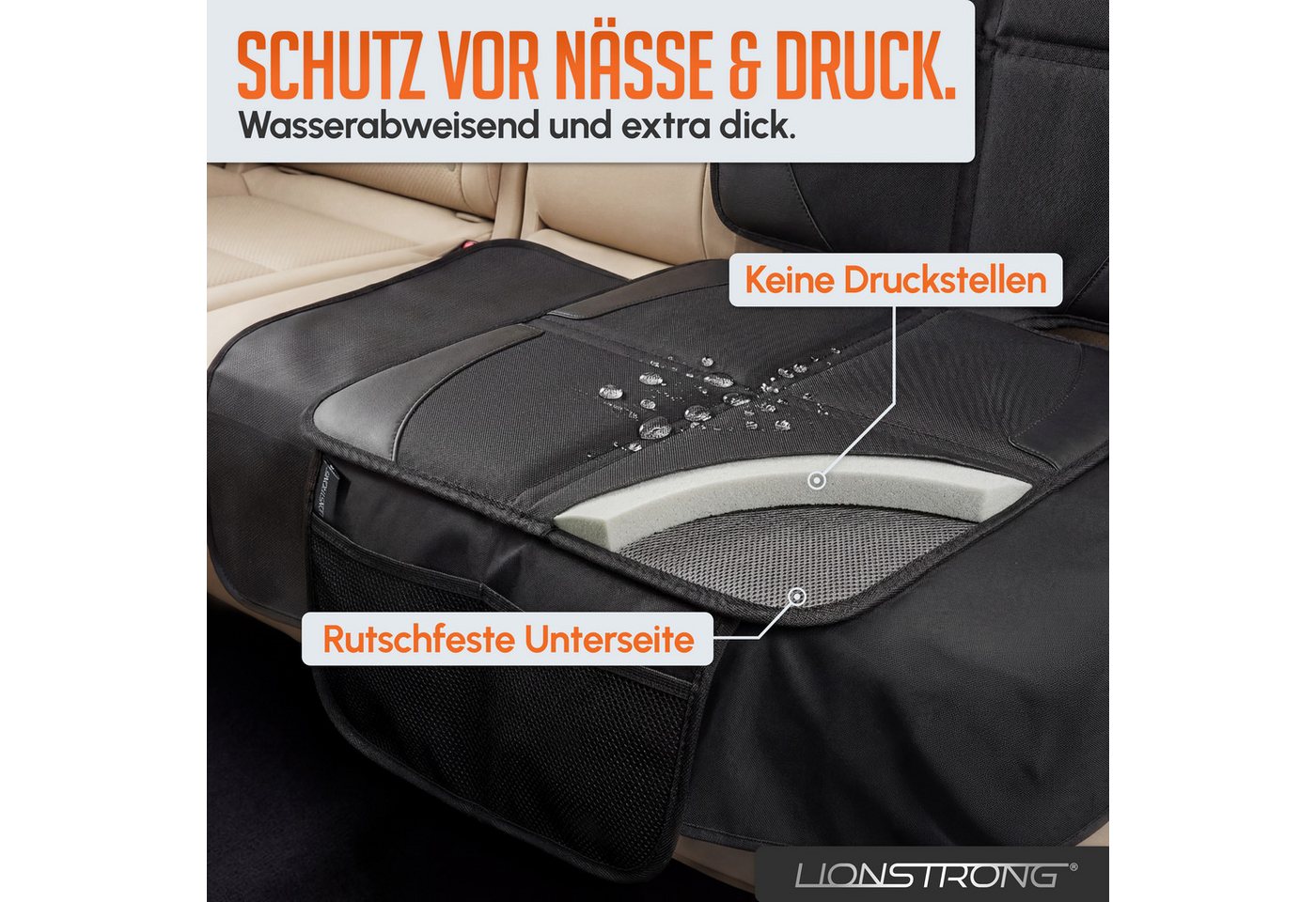 LIONSTRONG Kindersitzunterlage Premium, Autositzschoner [ISOFIX GEEIGNET], wasserabweisender Polyester Stoff, Sitzschutz Sitzschoner Auto Kindersitz - universel – Bild 4 von 5