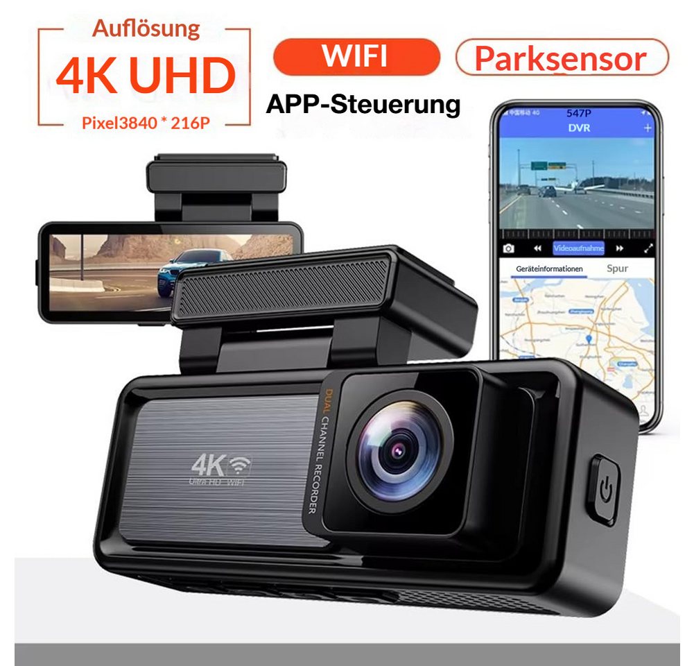 Lisabonde Dashcam 4K Ultra HD mit WiFi & App, 140° Weitwinkel, G-Sensor, IPS Dashcam (4K Ultra HD, WLAN (WiFi), 1x Dashcam, 1x Halterung, 1x KFZ-Ladegerät, 1x A – Bild 2 von 5