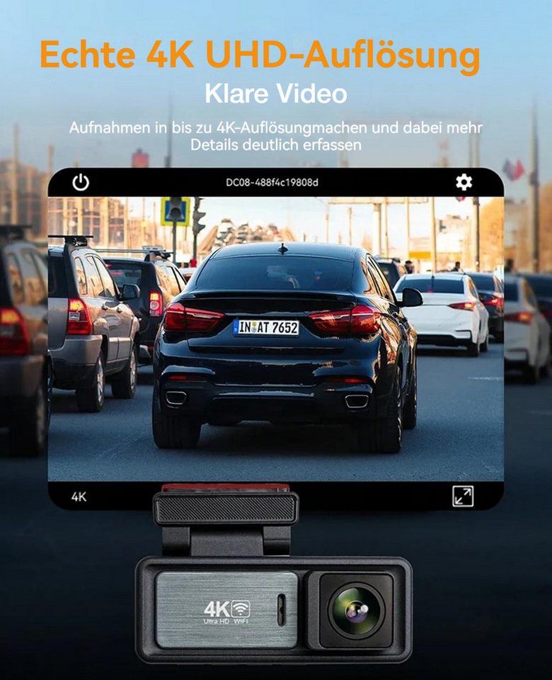 Lisabonde Dashcam 4K Ultra HD mit WiFi & App, 140° Weitwinkel, G-Sensor, IPS Dashcam (4K Ultra HD, WLAN (WiFi), 1x Dashcam, 1x Halterung, 1x KFZ-Ladegerät, 1x A – Bild 3 von 5