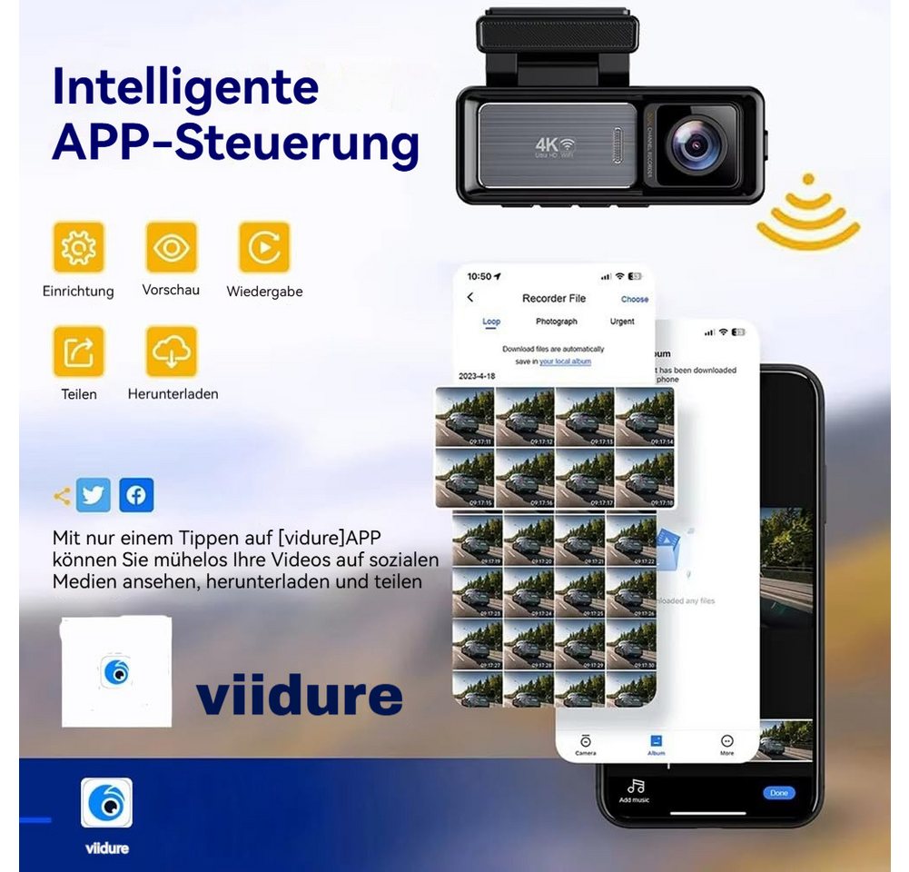 Lisabonde Dashcam 4K Ultra HD mit WiFi & App, 140° Weitwinkel, G-Sensor, IPS Dashcam (4K Ultra HD, WLAN (WiFi), 1x Dashcam, 1x Halterung, 1x KFZ-Ladegerät, 1x A – Bild 4 von 5