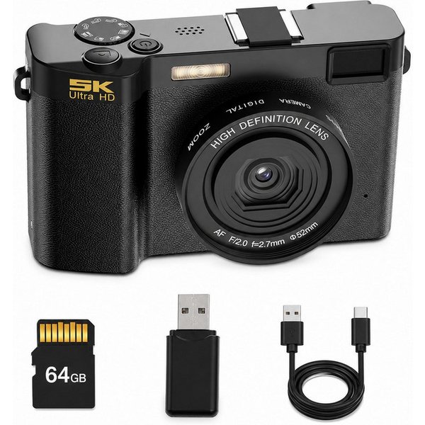 Lisabonde Digitalkamera 5K 64MP, Vlogging Kamera, inkl. 64GB Micro-SD, Schwarz Kompaktkamera (Hinteres Hauptobjektiv, Vorderes Selfie-Objektiv, 64 MP, 1x opt. Z