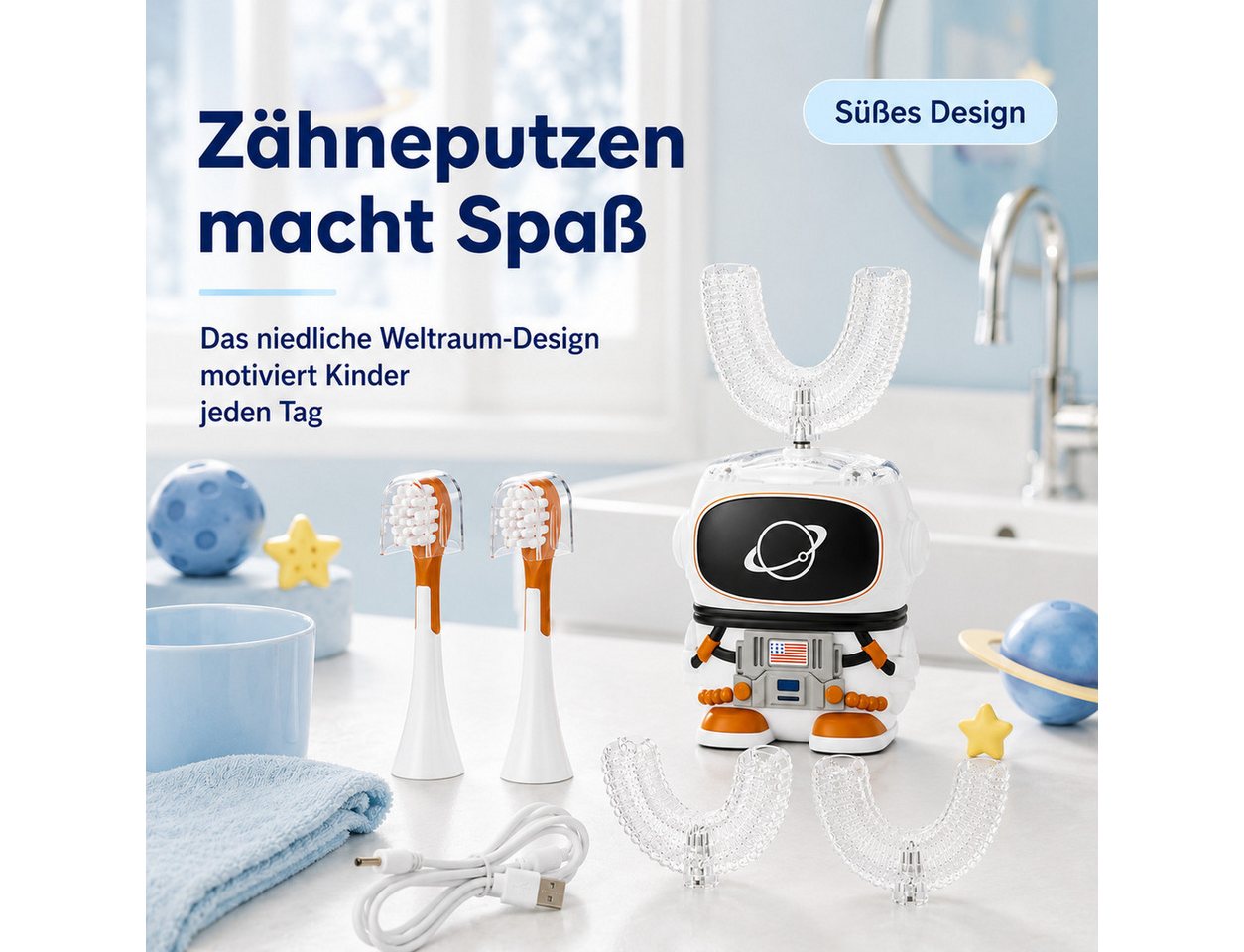 Lisabonde Elektrische Kinderzahnbürste U-Form Kinder Schallzahnbürste 360° Reinigung elektrisch IPX7, Aufsteckbürsten: 3 St., inkl. 3 Bürstenköpfe, 360° Reinigu – Bild 2 von 5