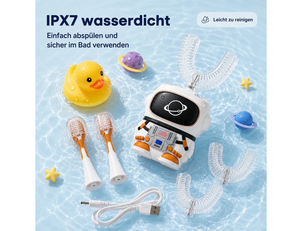 Lisabonde Elektrische Kinderzahnbürste U-Form Kinder Schallzahnbürste 360° Reinigung elektrisch IPX7, Aufsteckbürsten: 3 St., inkl. 3 Bürstenköpfe, 360° Reinigu – Bild 3 von 5