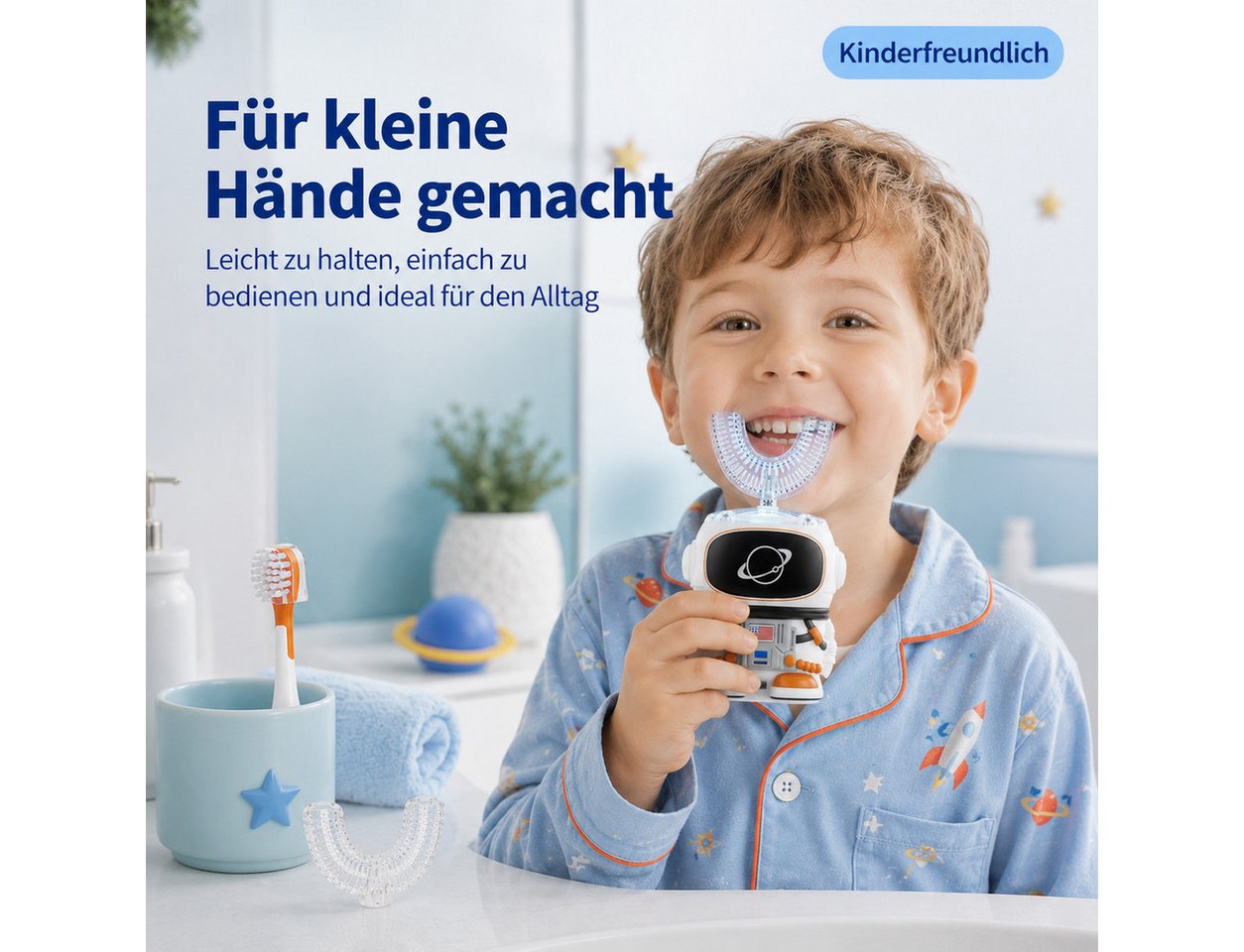 Lisabonde Elektrische Kinderzahnbürste U-Form Kinder Schallzahnbürste 360° Reinigung elektrisch IPX7, Aufsteckbürsten: 3 St., inkl. 3 Bürstenköpfe, 360° Reinigu – Bild 4 von 5
