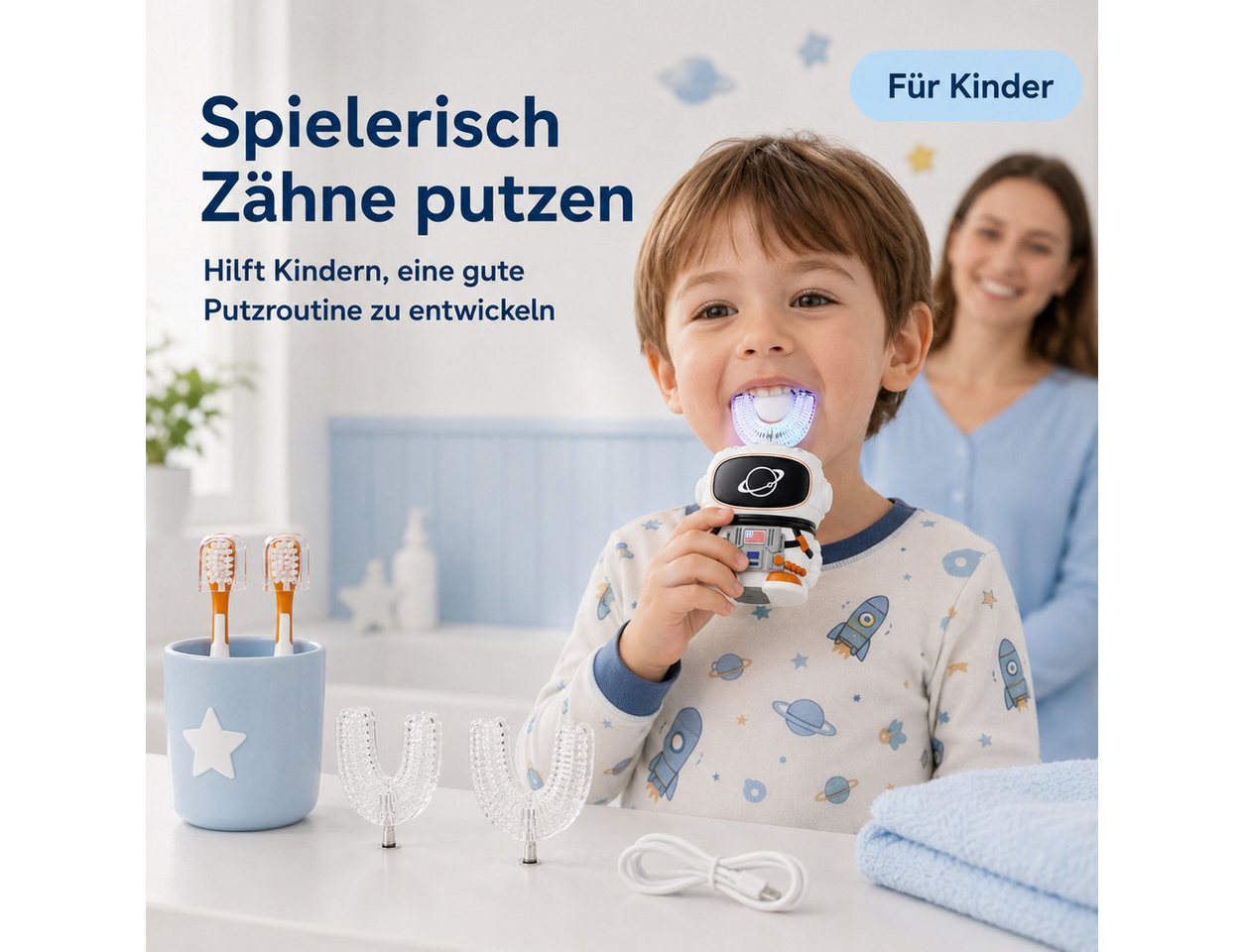 Lisabonde Elektrische Kinderzahnbürste U-Form Kinder Schallzahnbürste 360° Reinigung elektrisch IPX7, Aufsteckbürsten: 3 St., inkl. 3 Bürstenköpfe, 360° Reinigu – Bild 5 von 5
