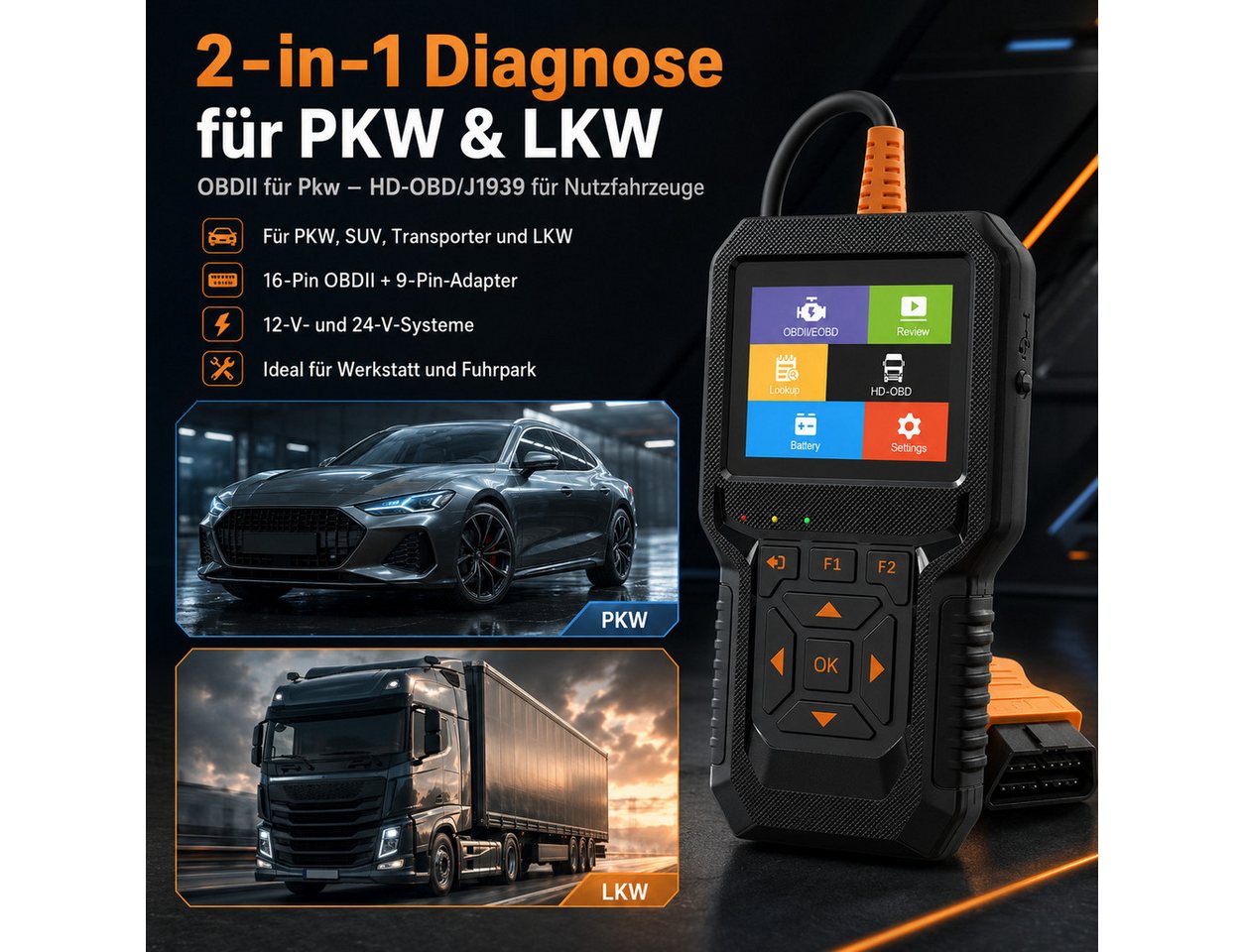 Lisabonde OBD2-Diagnosegerät KFZ Diagnosegerät OBD2 Scanner für PKW & LKW, 12V/24V Fehlerleser, Packung, 4-teilig, 2-in-1 Diagnose für PKW & LKW, Smog-Check Fun – Bild 2 von 5