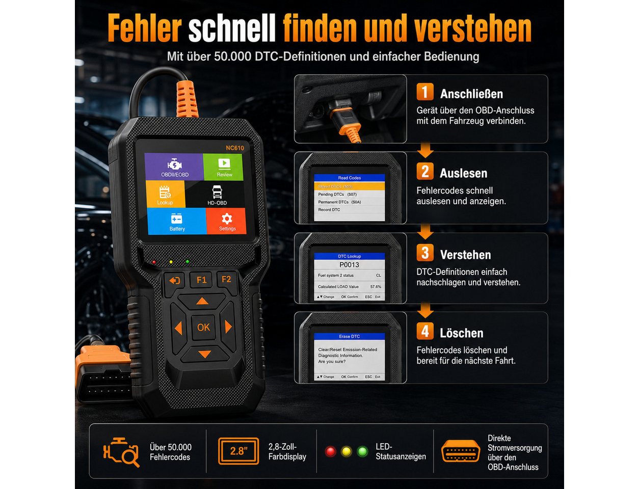 Lisabonde OBD2-Diagnosegerät KFZ Diagnosegerät OBD2 Scanner für PKW & LKW, 12V/24V Fehlerleser, Packung, 4-teilig, 2-in-1 Diagnose für PKW & LKW, Smog-Check Fun – Bild 4 von 5