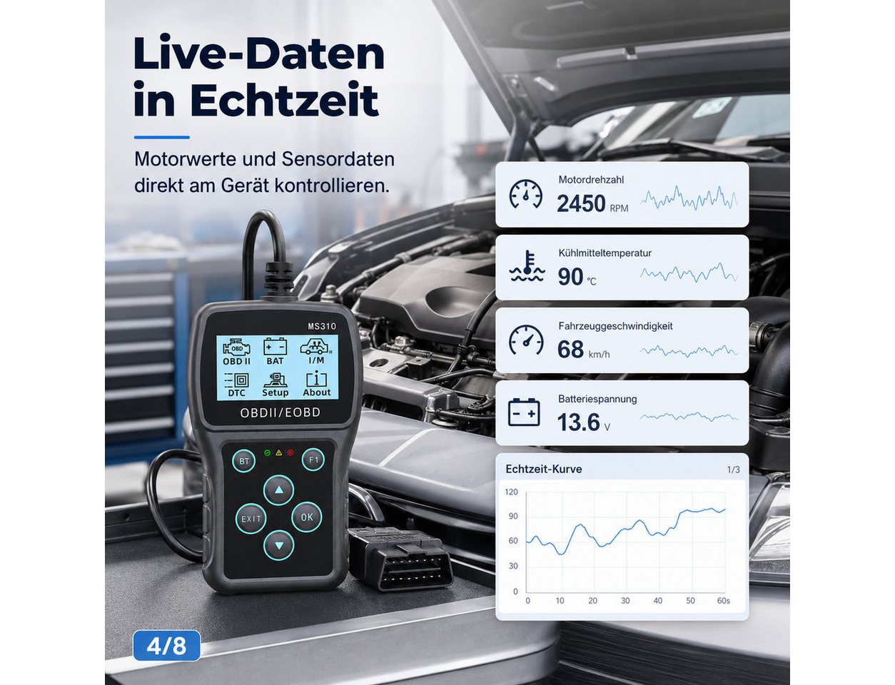 Lisabonde OBD2-Diagnosegerät OBD2 Diagnosegerät mit Bluetooth & App - KFZ Fehlercodes auslesen, Einzelartikel, Einzelgerät inkl. Zubehör, Echtzeit-Datenfluss, O – Bild 4 von 5