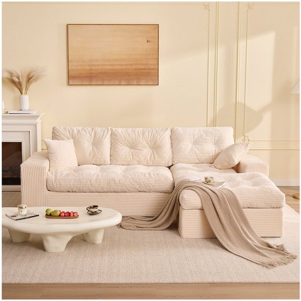 LITBIRD Ecksofa 3-Sitzer Sofa mit Marshmallow-Softpolster & Modulares Recamiere Sofa, 1 Teile, Cordstoff Schlafsofa & Relaxsofa, Wohnzimmer Sofa