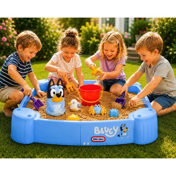 Little Tikes® Sandkasten Bluey Beach Day mit Deckel, Buddelkasten, Sandspielzeug, Garten, (Spielset, 2-tlg., Komplettset mit Zubehör), Abnehmbarer Deckel, 4 Sit