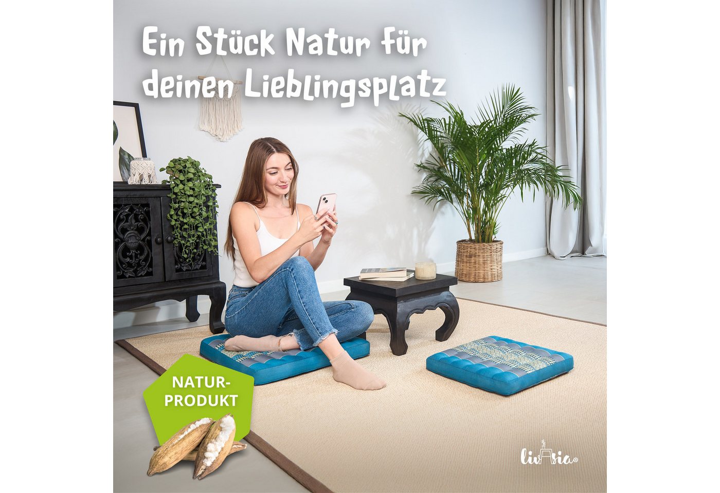 livasia Sitzkissen Sitzkissen 35 cm, vegan und handgefertigt, 35x35x6cm, Kapok – Bild 2 von 5