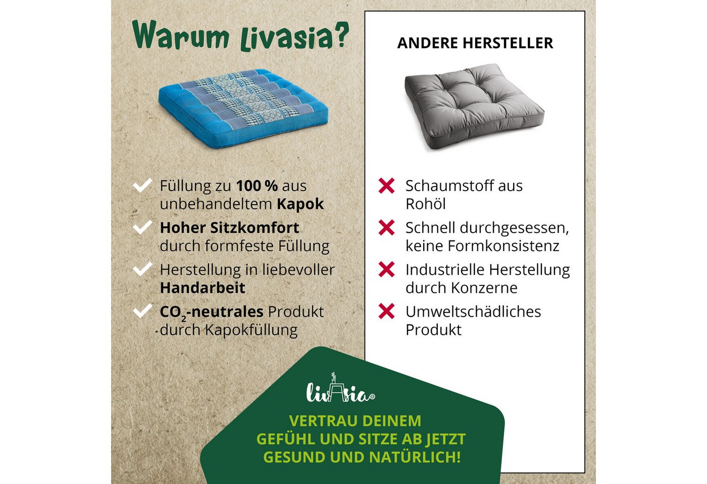 livasia Sitzkissen Sitzkissen 35 cm, vegan und handgefertigt, 35x35x6cm, Kapok – Bild 5 von 5