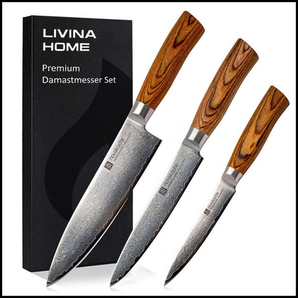 LIVINA HOME Messer-Set Kochmesser, 67-Damaststahl Messerset - 6-tlg. Küchenmesser Set (3-tlg., wahlweise als 3er, 5er oder 6er Set erhältlich), Damastmesser Jap