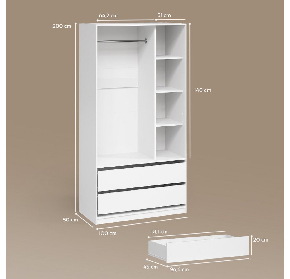 Livinity® Kleiderschrank Trento, Weiß/Weiß, 100 x 200 cm mit 2 Schubladen (1-St) – Bild 3 von 5