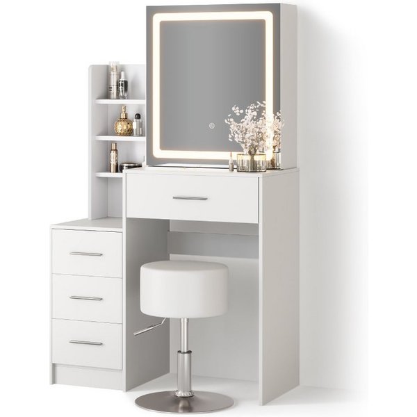 Livinity® Schminktisch Monza, Weiß, mit LED-Spiegel und Hocker (2-St)