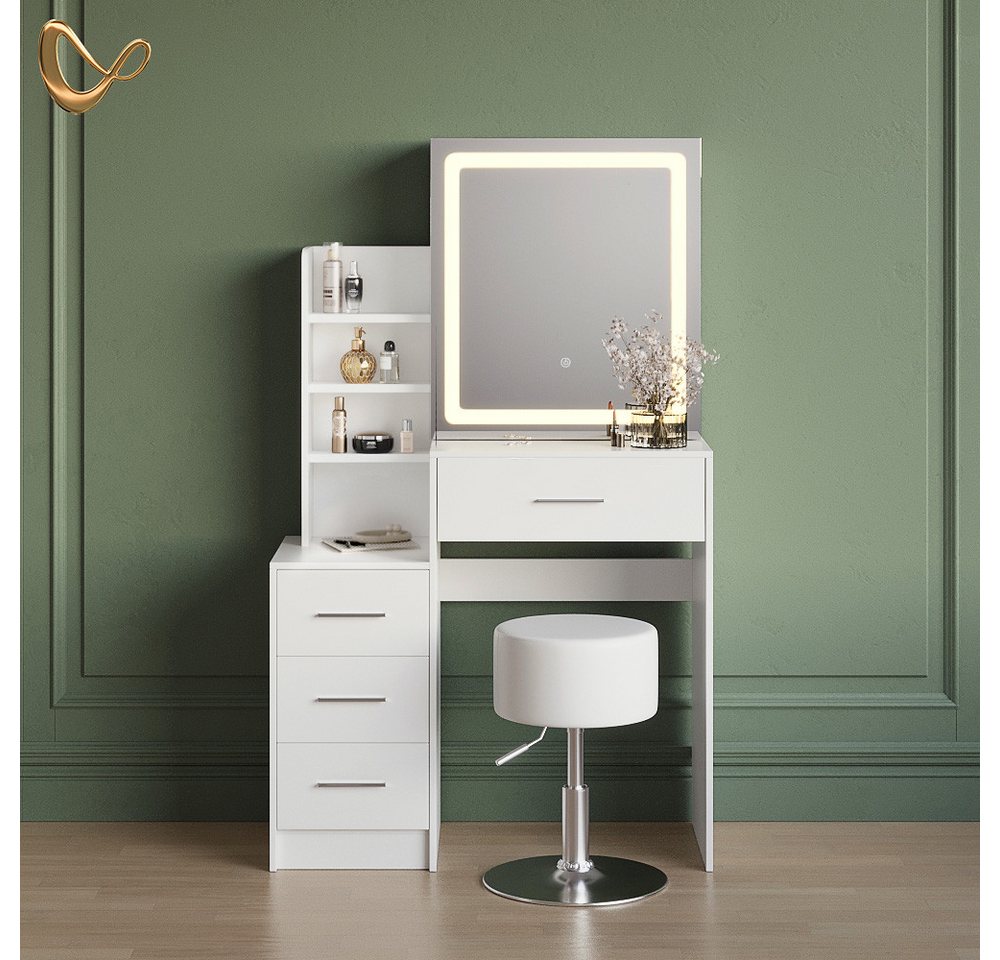 Livinity® Schminktisch Monza, Weiß, mit LED-Spiegel und Hocker (2-St) – Bild 2 von 5
