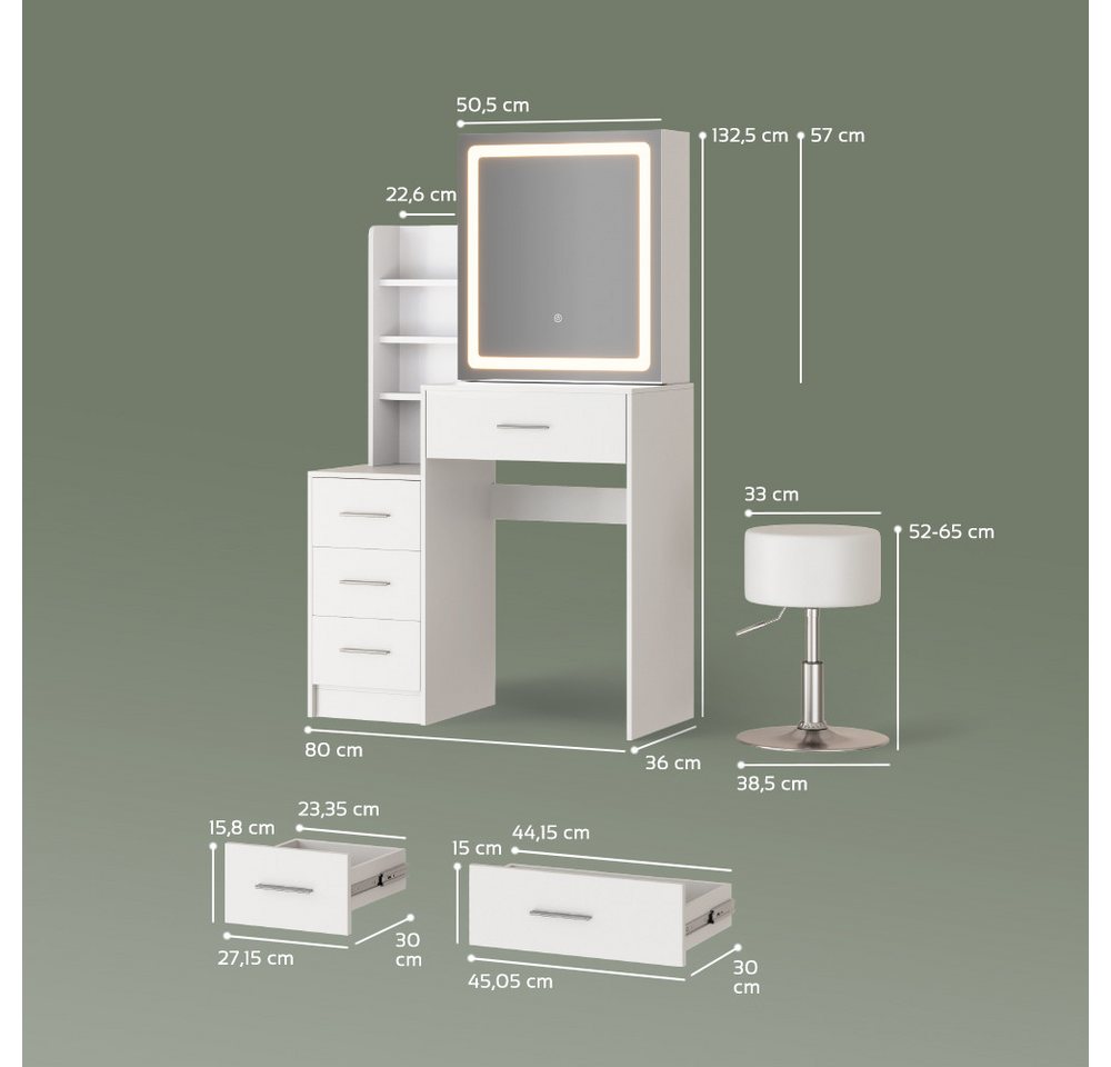 Livinity® Schminktisch Monza, Weiß, mit LED-Spiegel und Hocker (2-St) – Bild 3 von 5