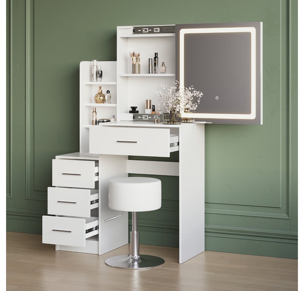 Livinity® Schminktisch Monza, Weiß, mit LED-Spiegel und Hocker (2-St) – Bild 5 von 5