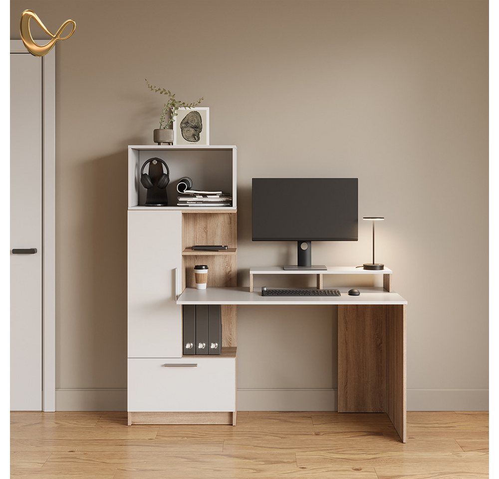 Livinity® Schreibtisch Lorena, Sonoma/Weiß, 150 x 120.1 cm mit 2 Türen (1-St) – Bild 2 von 5