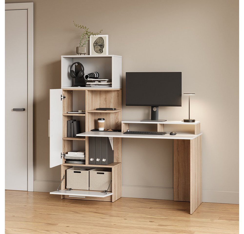 Livinity® Schreibtisch Lorena, Sonoma/Weiß, 150 x 120.1 cm mit 2 Türen (1-St) – Bild 4 von 5