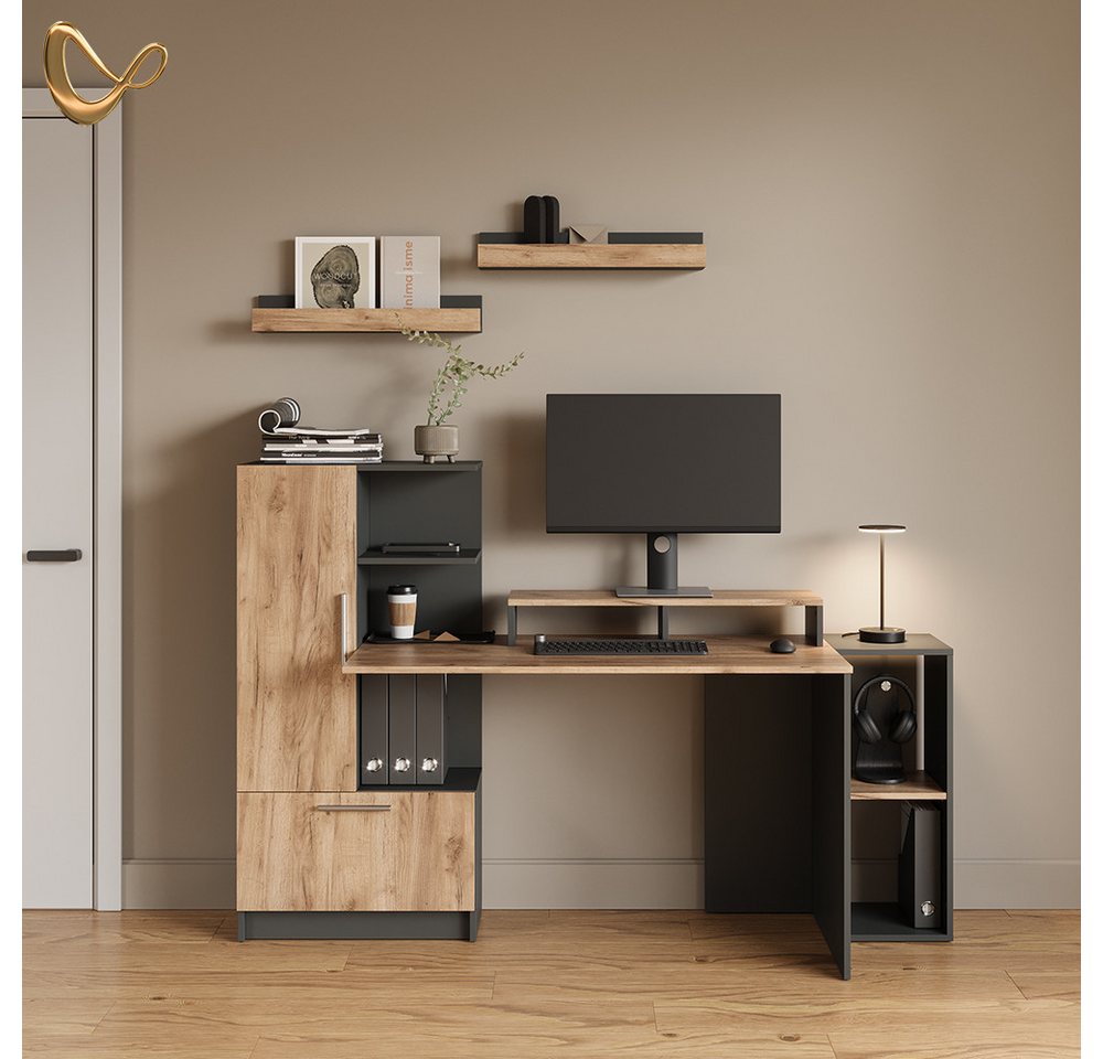Livinity® Schreibtisch Lorena, Anthrazit/Goldkraft Eiche, 150 x 120.1 cm mit 2 Türen (1-St) – Bild 2 von 5
