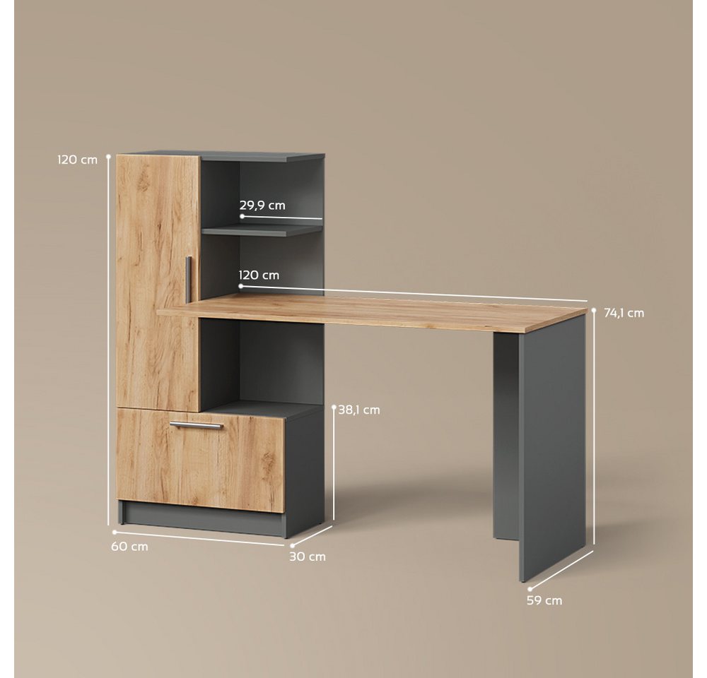 Livinity® Schreibtisch Lorena, Anthrazit/Goldkraft Eiche, 150 x 120.1 cm mit 2 Türen (1-St) – Bild 3 von 5