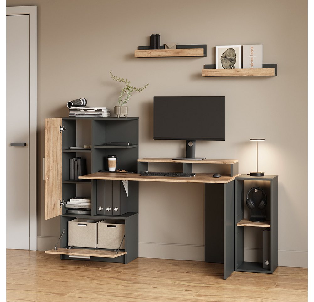 Livinity® Schreibtisch Lorena, Anthrazit/Goldkraft Eiche, 150 x 120.1 cm mit 2 Türen (1-St) – Bild 4 von 5