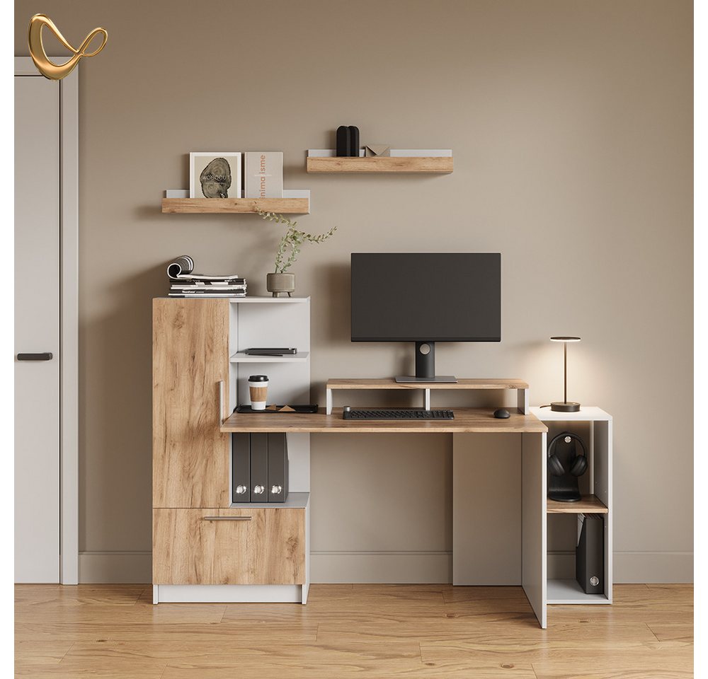 Livinity® Schreibtisch Lorena, Weiß/Goldkraft Eiche, 150 x 120.1 cm mit 2 Türen (1-St) – Bild 2 von 5