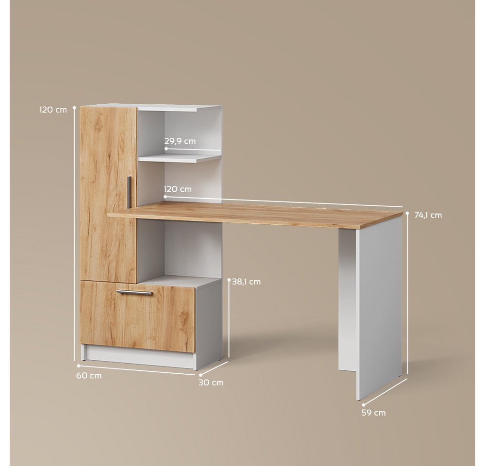 Livinity® Schreibtisch Lorena, Weiß/Goldkraft Eiche, 150 x 120.1 cm mit 2 Türen (1-St) – Bild 3 von 5
