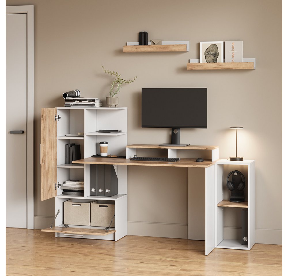 Livinity® Schreibtisch Lorena, Weiß/Goldkraft Eiche, 150 x 120.1 cm mit 2 Türen (1-St) – Bild 4 von 5