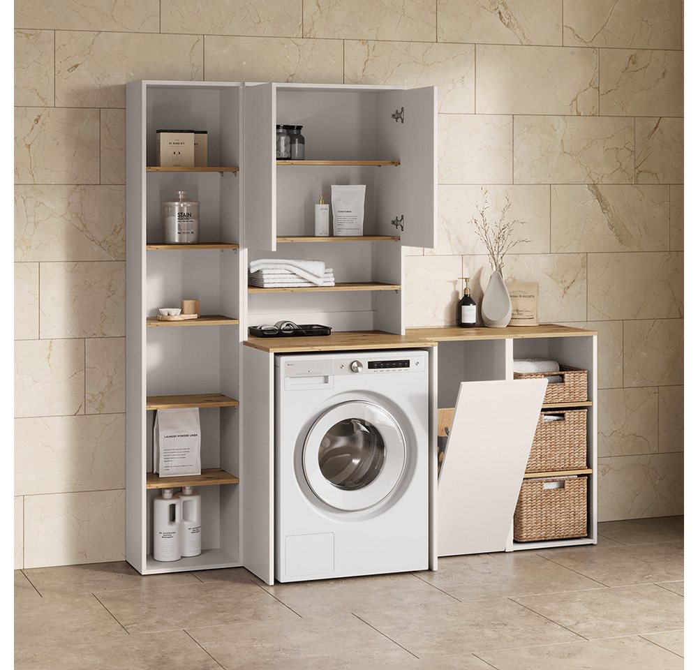 Livinity® Wäscheschrank Paolina, Weiß/Artisan, 40.2 x 88.2 cm mit Wäschkorb (1-St) – Bild 4 von 5