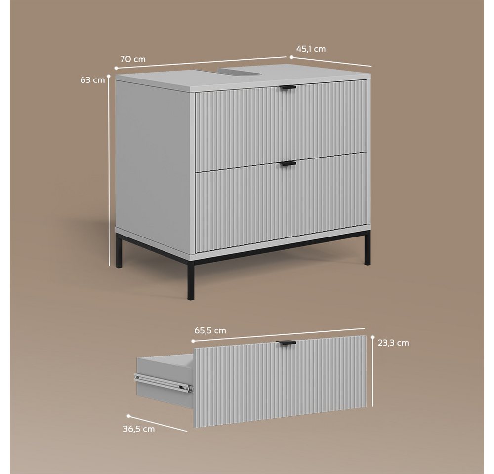 Livinity® Waschbeckenunterschrank Aterno, Grau, 70 x 63 cm mit 2 ausziehbaren Schubladen (1-St) – Bild 3 von 5