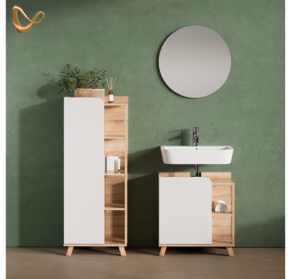 Livinity® Waschbeckenunterschrank Marano, Sonoma/Weiß/Weiß, 60 x 65 cm mit Tür und offenen Fächern (1-St) – Bild 2 von 5