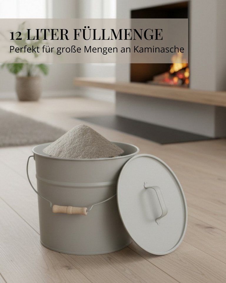 LIVLIG Aschekasten Ascheeimer mit Deckel, Metalleimer, 12L, Matte Pulverbeschichtung, Made in Europe, Deckel mit Holzgriff – Bild 2 von 5