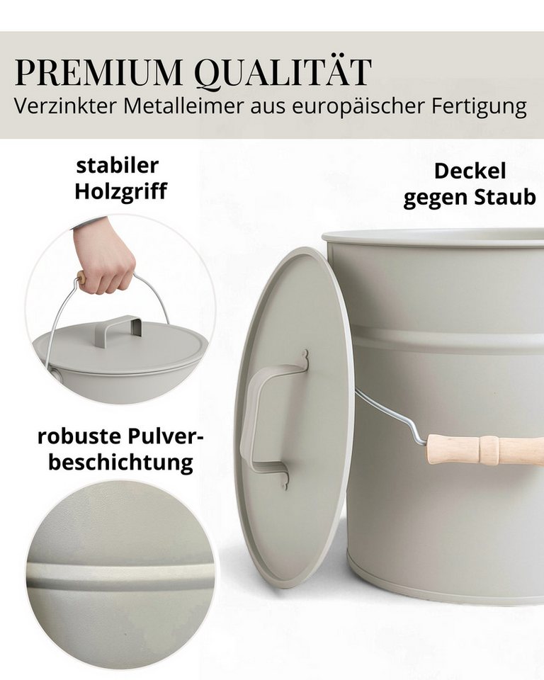 LIVLIG Aschekasten Ascheeimer mit Deckel, Metalleimer, 12L, Matte Pulverbeschichtung, Made in Europe, Deckel mit Holzgriff – Bild 3 von 5