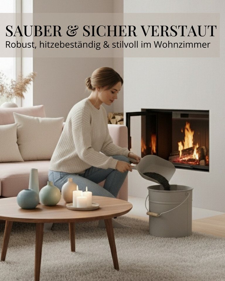 LIVLIG Aschekasten Ascheeimer mit Deckel, Metalleimer, 12L, Matte Pulverbeschichtung, Made in Europe, Deckel mit Holzgriff – Bild 4 von 5
