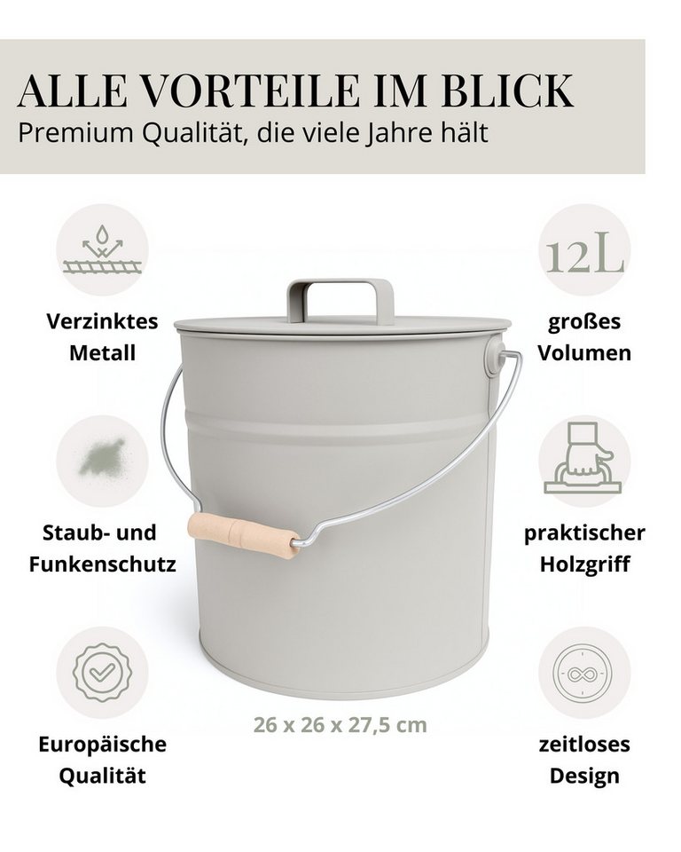 LIVLIG Aschekasten Ascheeimer mit Deckel, Metalleimer, 12L, Matte Pulverbeschichtung, Made in Europe, Deckel mit Holzgriff – Bild 5 von 5