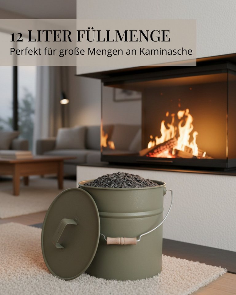 LIVLIG Aschekasten Ascheeimer mit Deckel, Metalleimer, 12L, Matte Pulverbeschichtung, Made in Europe, Deckel mit Holzgriff – Bild 2 von 5
