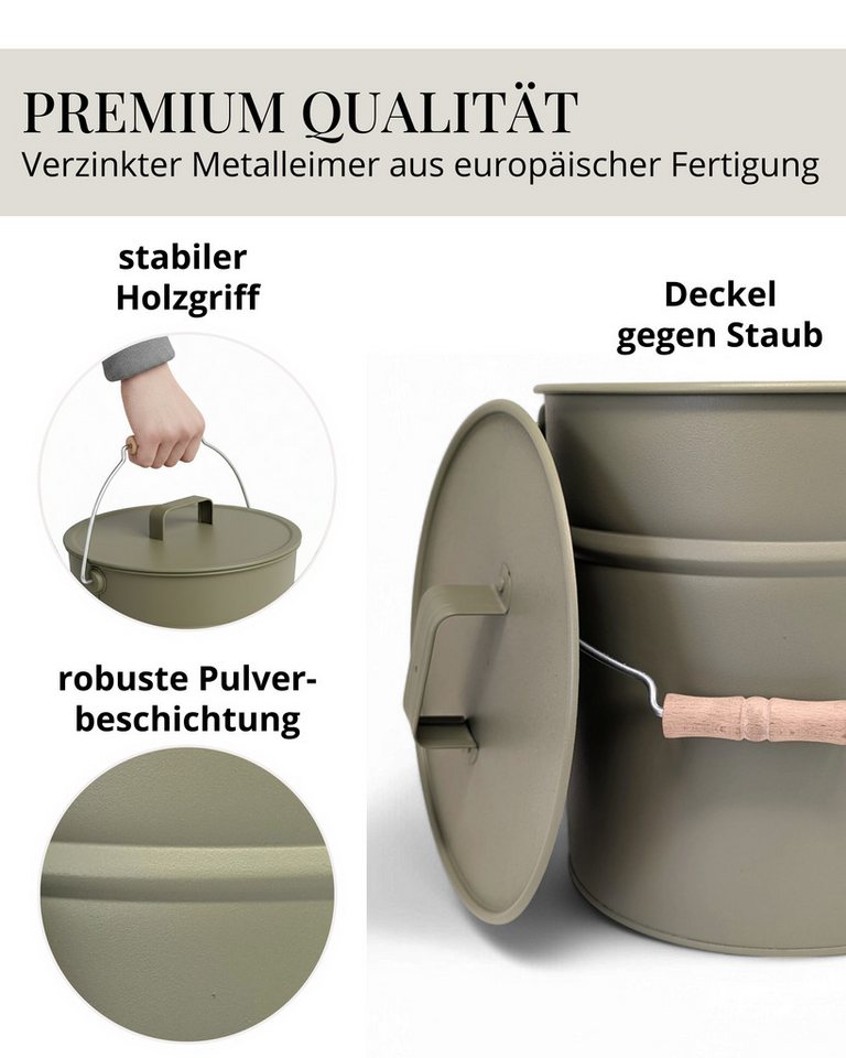 LIVLIG Aschekasten Ascheeimer mit Deckel, Metalleimer, 12L, Matte Pulverbeschichtung, Made in Europe, Deckel mit Holzgriff – Bild 3 von 5