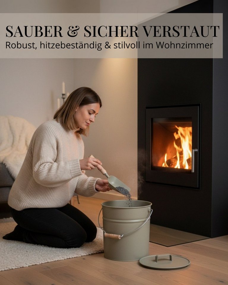 LIVLIG Aschekasten Ascheeimer mit Deckel, Metalleimer, 12L, Matte Pulverbeschichtung, Made in Europe, Deckel mit Holzgriff – Bild 4 von 5