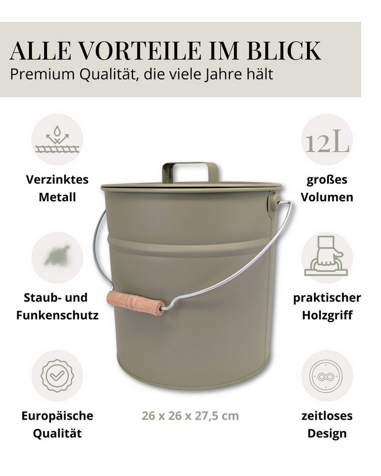 LIVLIG Aschekasten Ascheeimer mit Deckel, Metalleimer, 12L, Matte Pulverbeschichtung, Made in Europe, Deckel mit Holzgriff – Bild 5 von 5