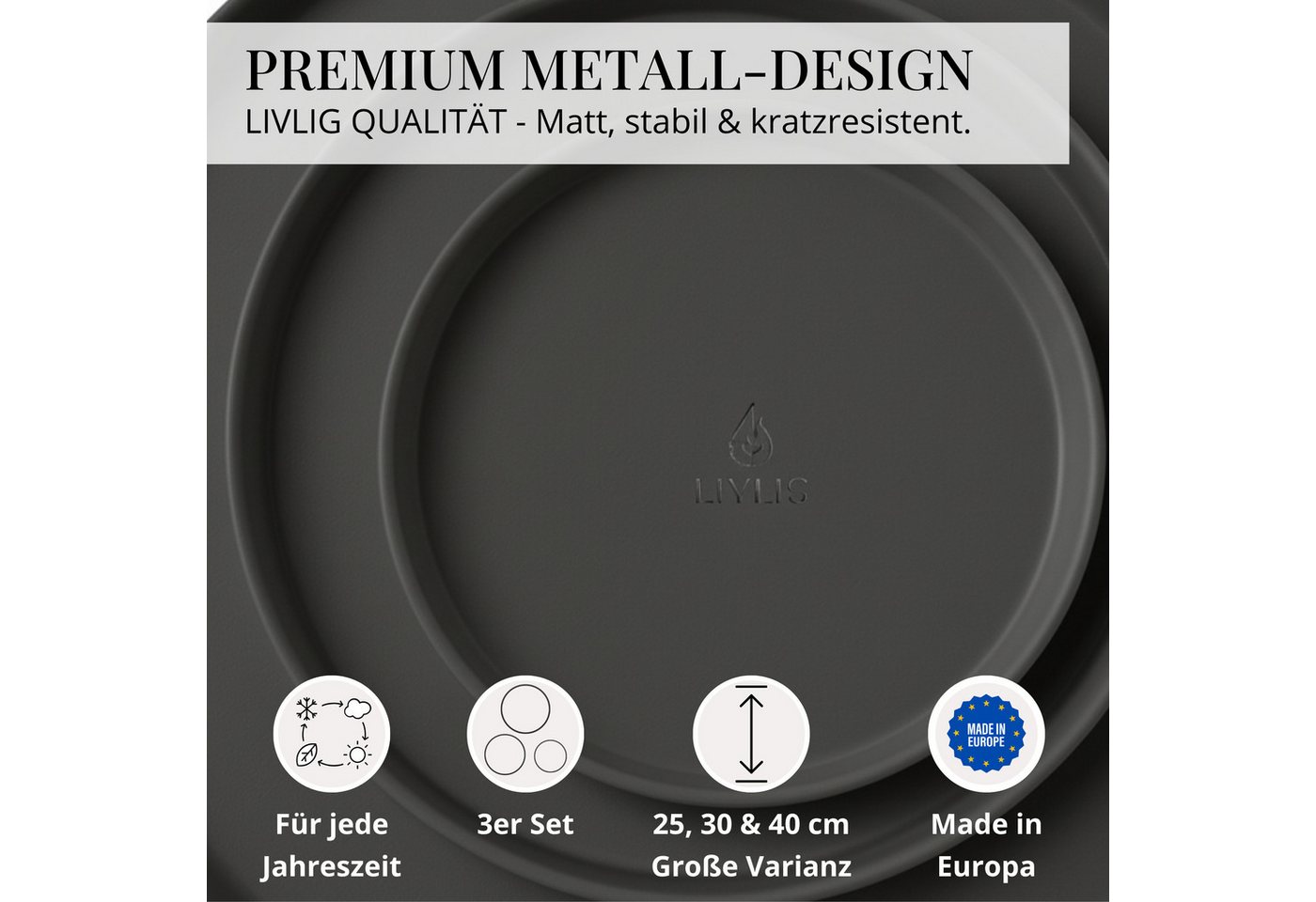 LIVLIG Dekotablett Deko Tablett, Serviertablett rund für Weihnachtsdeko & Adventskranz (Set, 3er Set), robust, pulverbeschichtet, modern, Ø 25 cm, 30 cm und 40  – Bild 3 von 5
