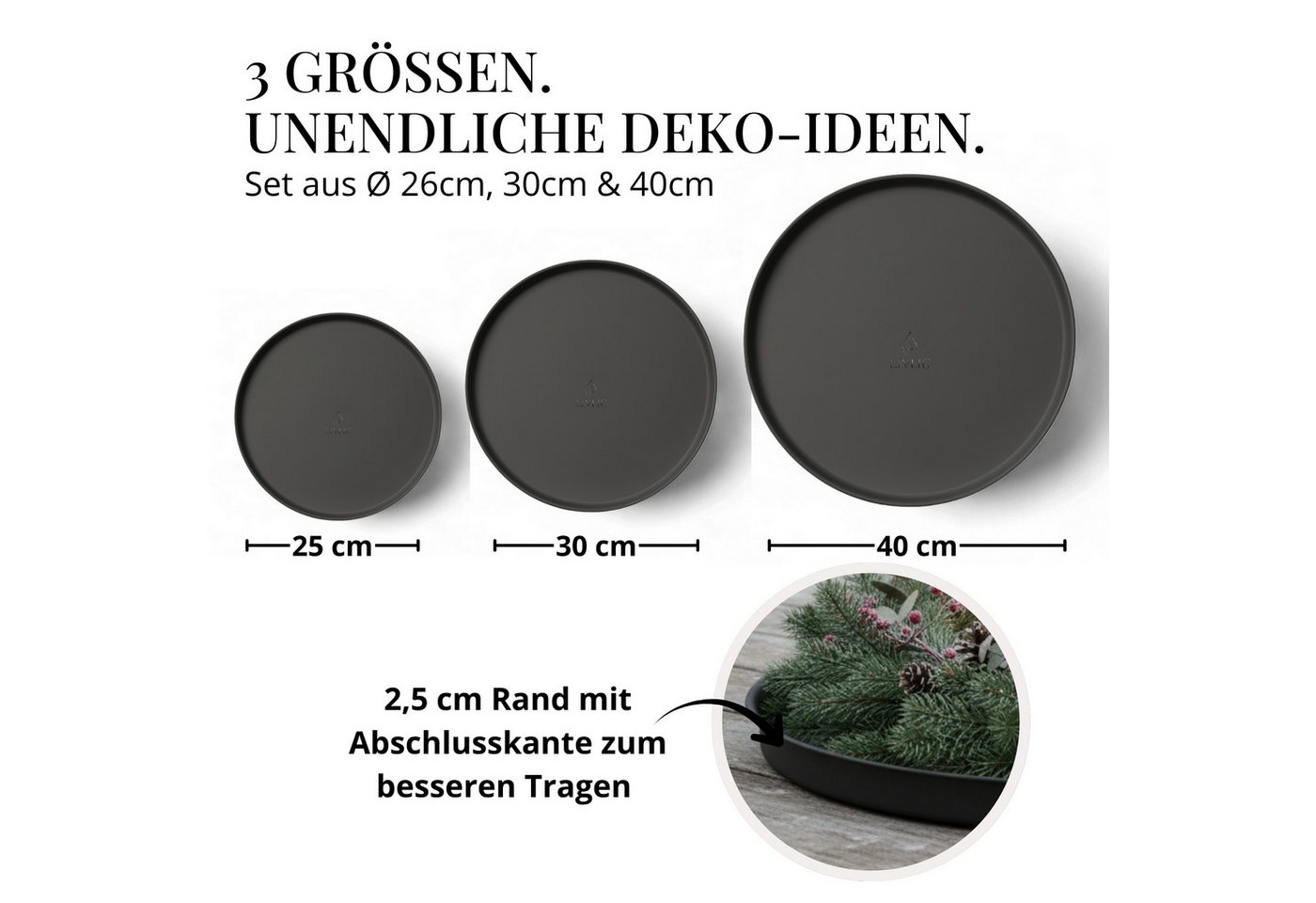 LIVLIG Dekotablett Deko Tablett, Serviertablett rund für Weihnachtsdeko & Adventskranz (Set, 3er Set), robust, pulverbeschichtet, modern, Ø 25 cm, 30 cm und 40  – Bild 5 von 5