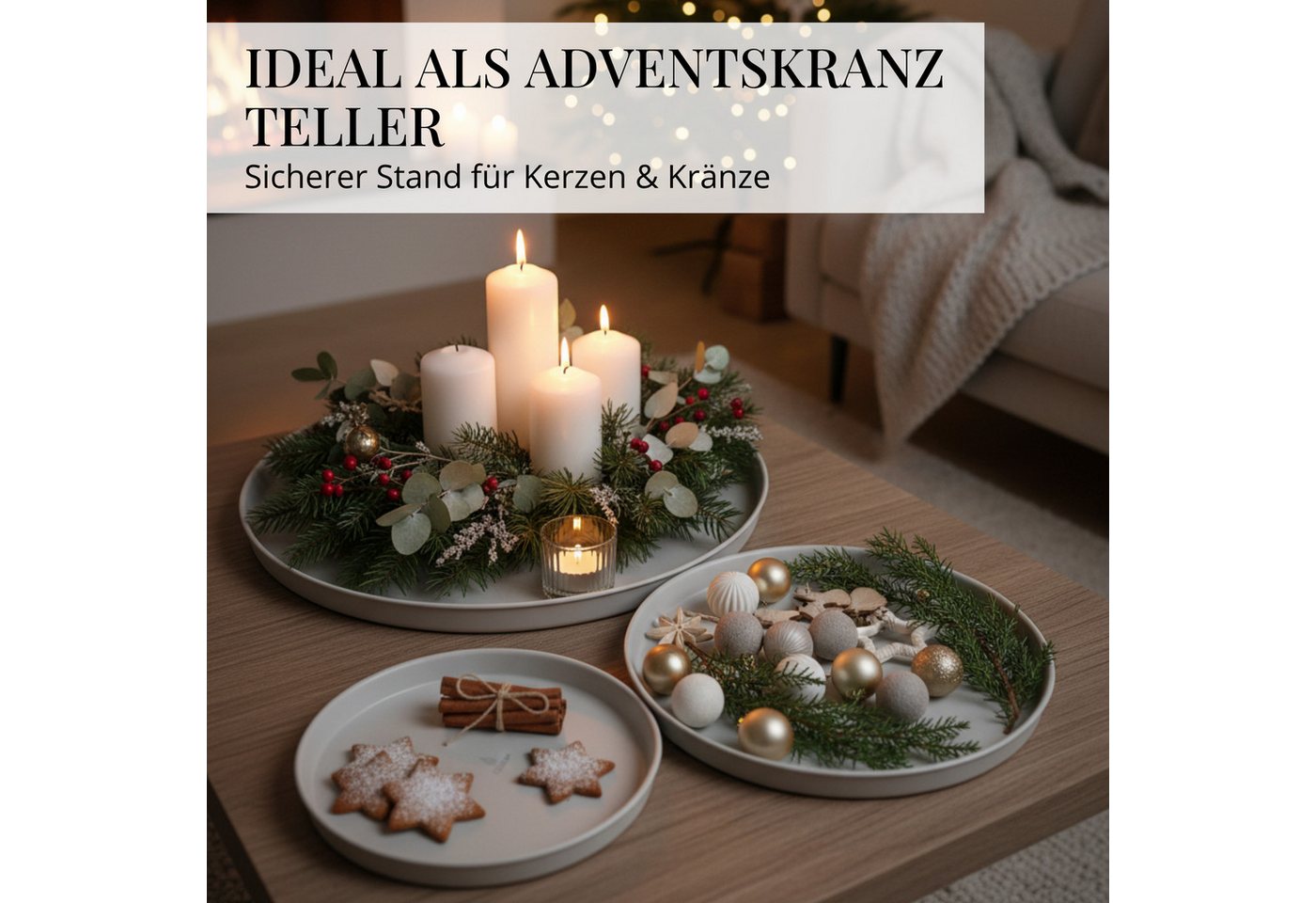 LIVLIG Dekotablett Deko Tablett, Serviertablett rund für Weihnachtsdeko & Adventskranz (Set, 3er Set), robust, pulverbeschichtet, modern, Ø 25 cm, 30 cm und 40  – Bild 4 von 5