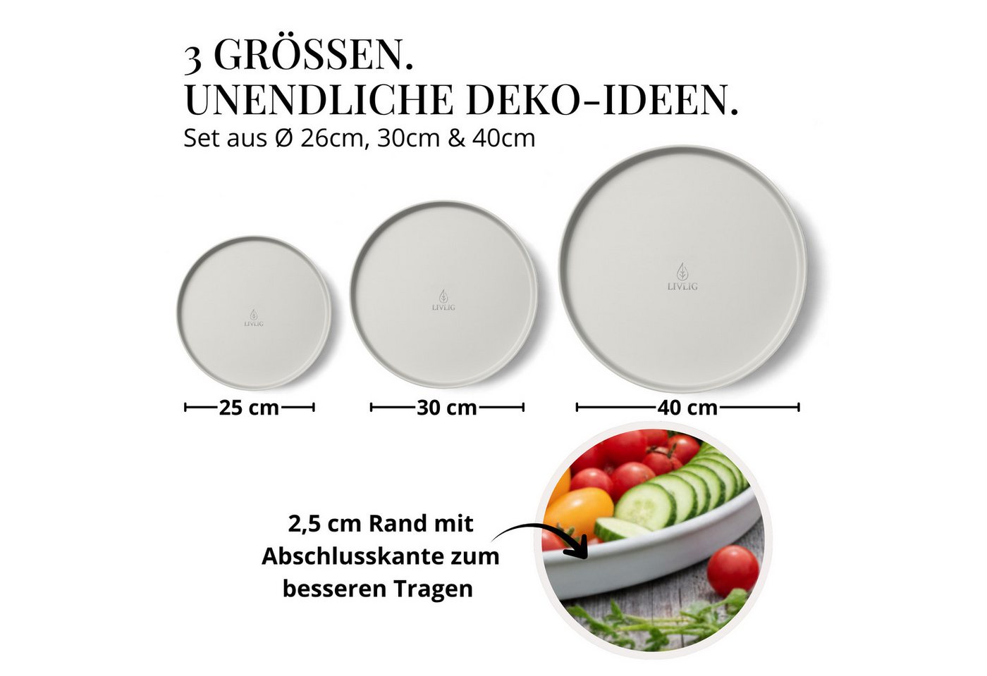 LIVLIG Dekotablett Deko Tablett, Serviertablett rund für Weihnachtsdeko & Adventskranz (Set, 3er Set), robust, pulverbeschichtet, modern, Ø 25 cm, 30 cm und 40  – Bild 5 von 5