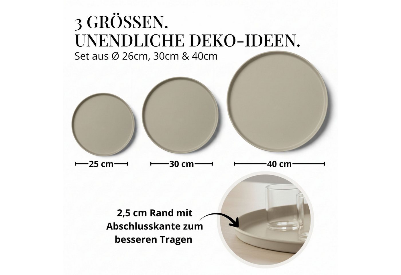 LIVLIG Dekotablett Deko Tablett, Serviertablett rund für Weihnachtsdeko & Adventskranz (Set, 3er Set), robust, pulverbeschichtet, modern, Ø 25 cm, 30 cm und 40  – Bild 5 von 5