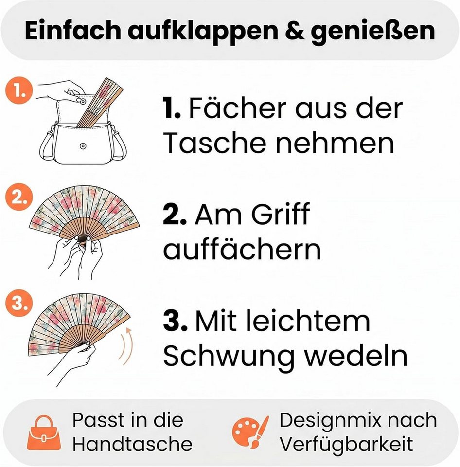 LK Trend & Style Handfächer Dekorativer Handfächer, Blumenmuster mit Streifen, (Spar-Set, 1-tlg., 21 cm, Bambus - Fächer in 4 Farben), absolut salonfähig sich e – Bild 4 von 4