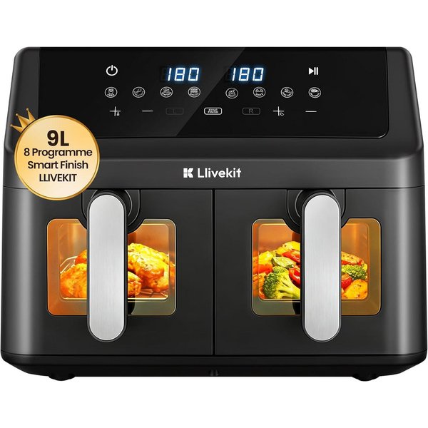 LLIVEKIT Heißluftfritteuse, 1000 W, 9L Doppelkammer, 2x4,5L Airfryer mit automatischer Abschaltung