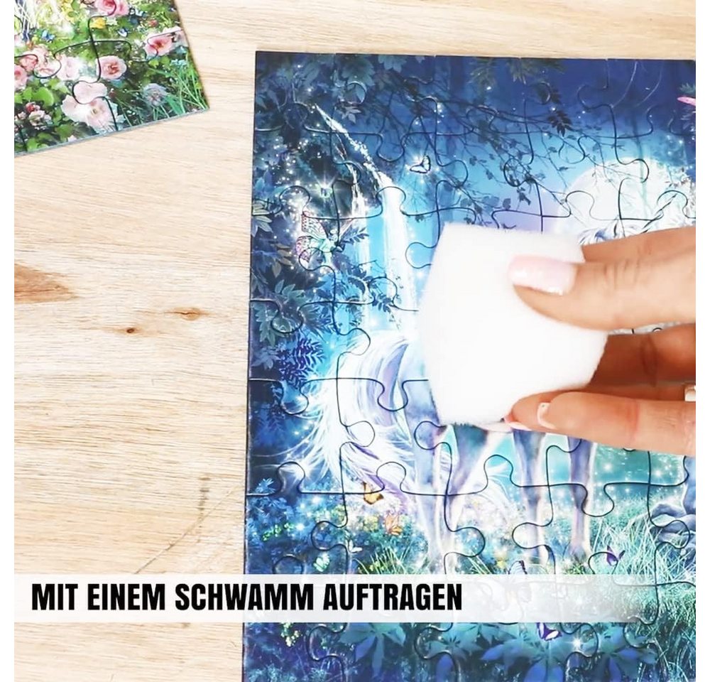 LM-Kreativ Puzzlekleber Puzzle Kleber & Lack transparent permanent zum Fixieren von Puzzles, transparent, permanent, Kleber & Lack, inkl. 4 Schwämmchen – Bild 3 von 5