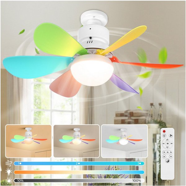 LMaxhome Deckenventilator mit Licht und Fernbedienung Dimmbar LED Deckenleuchte mit Beleuchtung, E27-, mit 6 Flügeln und 3 Windstufen, Timing Funktion für Kinde